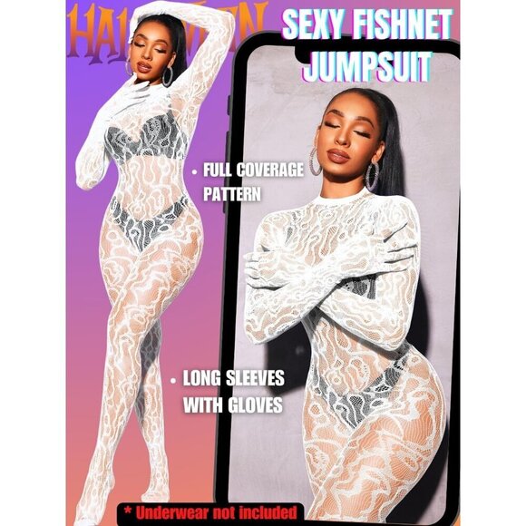 🆕Women White Sexy Fishnet Full Mesh Jumpsuit Body Stockings Halloween Costume - Picture 2 of 7